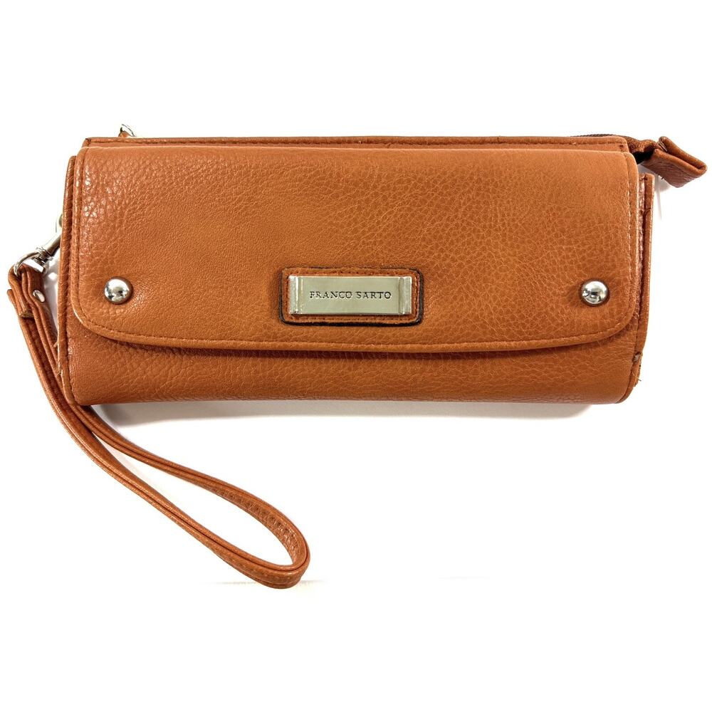 Franco Sarto Clutch Wristlet Wallet Brown Vegan Leather Snap & Zip Closure